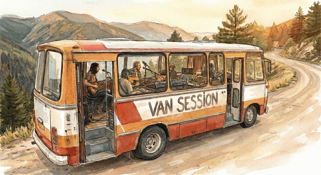 L'autobus di Van Session su una strada di montagna